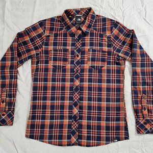 North Face Women's Blue and Orange Plaid Button Down Shirt Medium